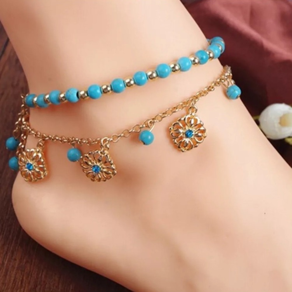 Boho Bohemian Gold Toned Turquoise Beaded Anklet - Picture 6 of 13